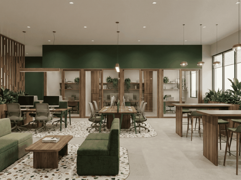 Projet d'aménagement d'une zone de travail partagé en mode coworking qui mêle verdure, écologie et tranquillité